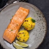 Pan – Seared Salmon With Saffron Rice In White Wine Sauce And Herb