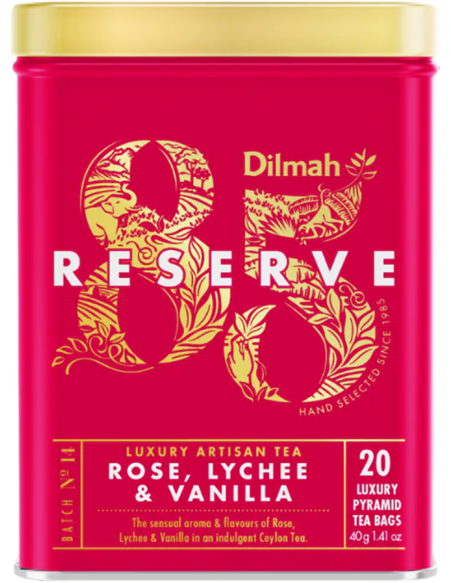 Trà Đen Hương Hoa Hồng, Vải & Vani Dilmah 85 Reserve Tea Bags 40g (Hộp Thiếc)