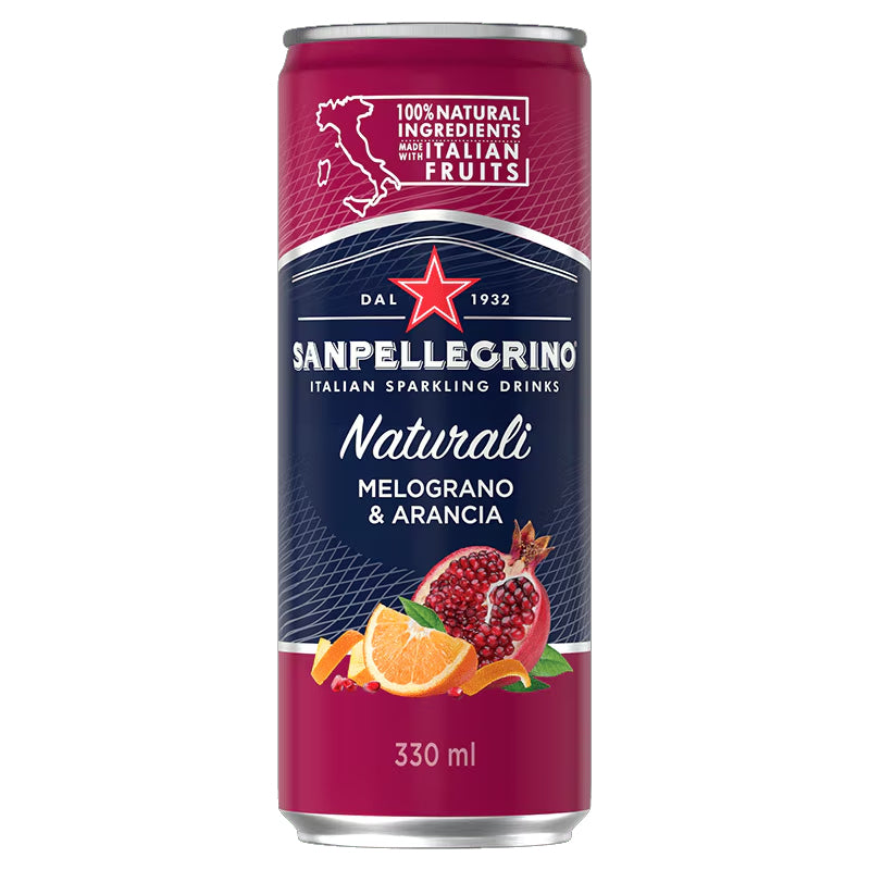 POMEGRANATE & ORANGE – SAN PELLEGRINO – NƯỚC GIẢI KHÁT VỊ CAM VÀ LỰU CÓ GA 330ML X 24 LON